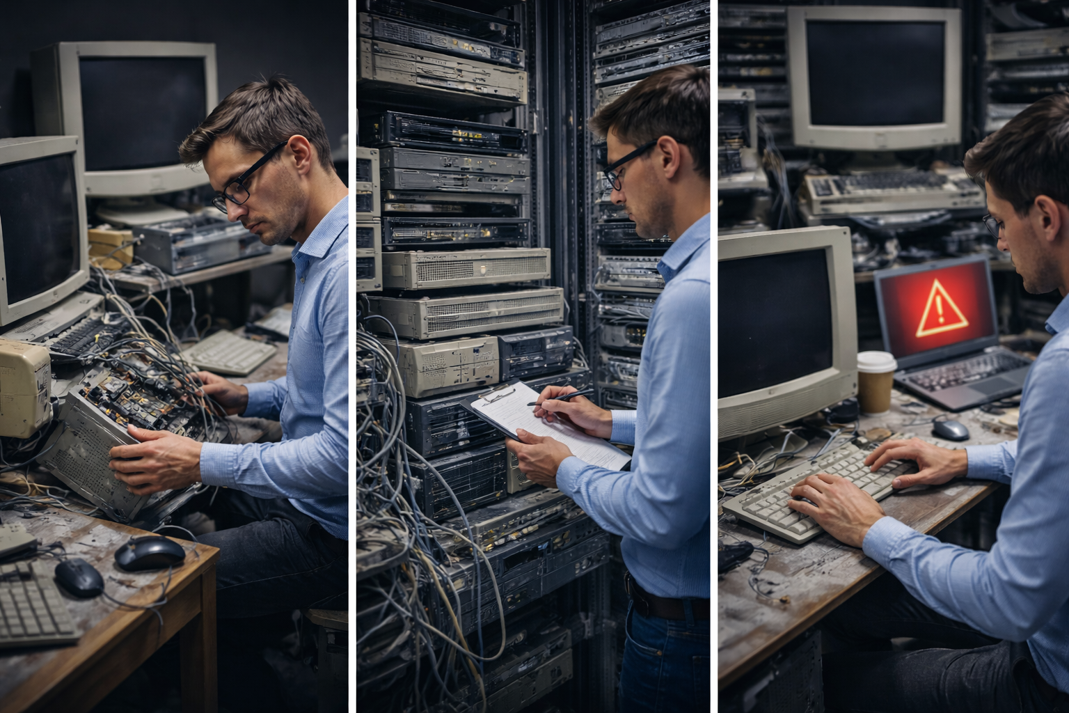 IT-specialist die verouderde servers en netwerkapparatuur controleert in complexe IT-omgeving