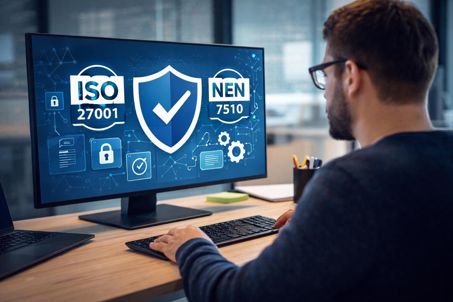 IT-professional werkt aan informatiebeveiliging en compliance met ISO 27001 en NEN 7510 certificering